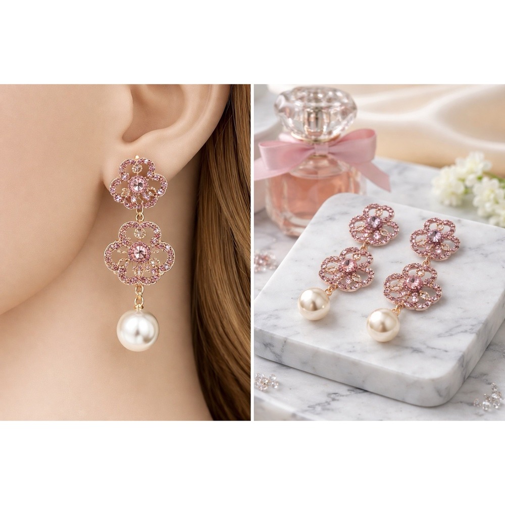 Mint‎ Pink Rhinestone Flower Drop Earrings Gold Tone Faux Pearl Statement
